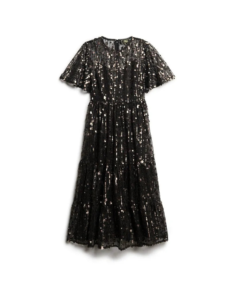 Volume Tiered Mesh Midi Dress