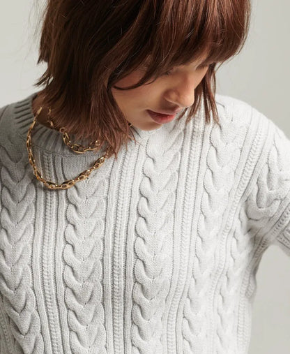 Dropped Shoulder Cable Knit Crew Neck Jumper