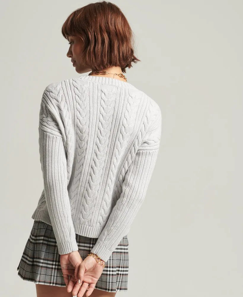 Dropped Shoulder Cable Knit Crew Neck Jumper