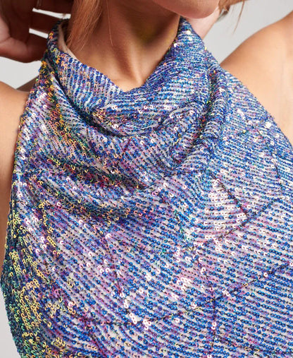 Sequin Halter Cowl Neck Mini Dress