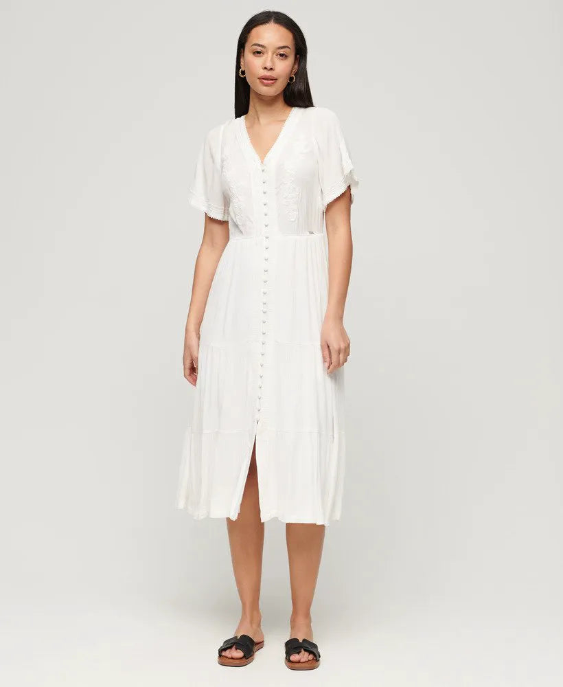 Embroidered Tiered Midi Dress