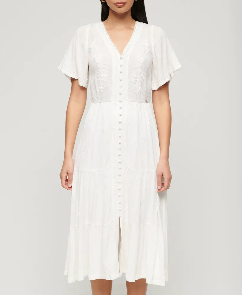 Embroidered Tiered Midi Dress