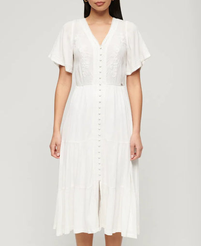 Embroidered Tiered Midi Dress