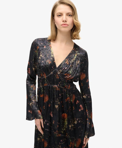 Flare Sleeved Jacquard Midi Dress