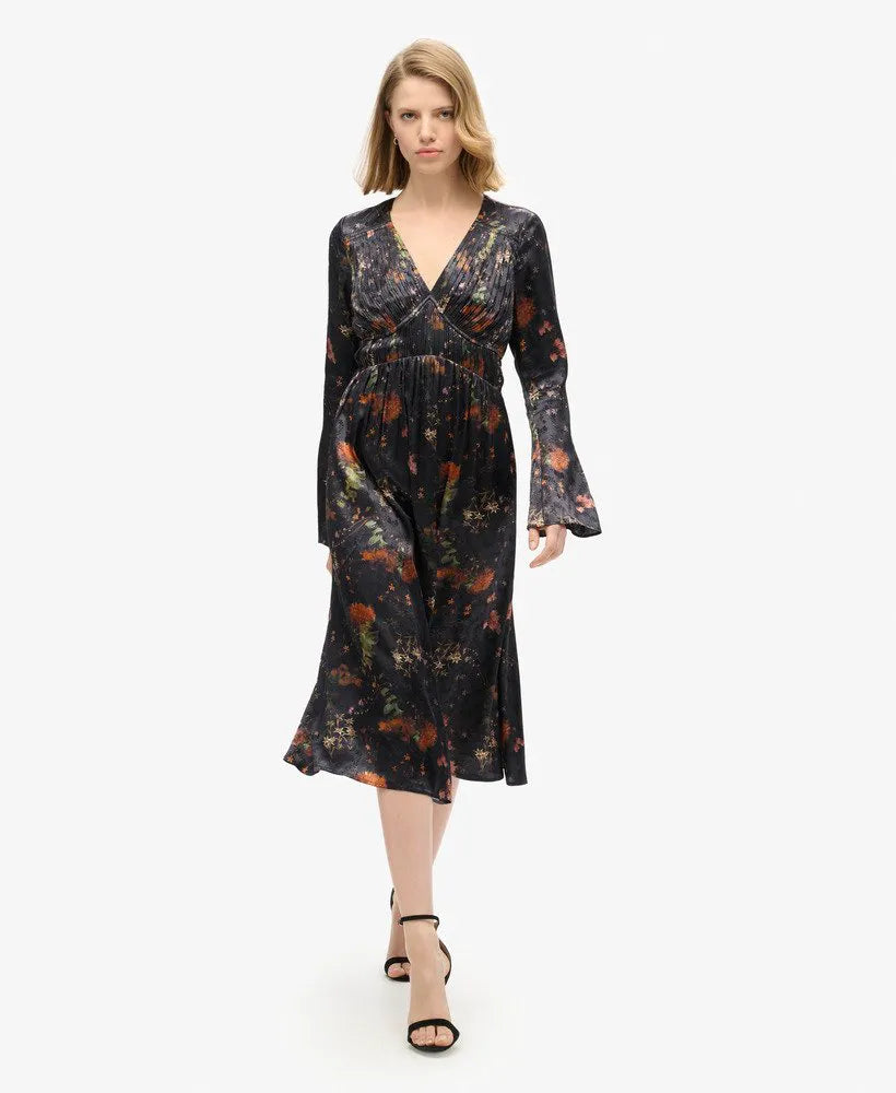 Flare Sleeved Jacquard Midi Dress