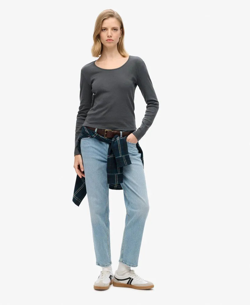 Fine Rib Scoop Neck Long Sleeve Top