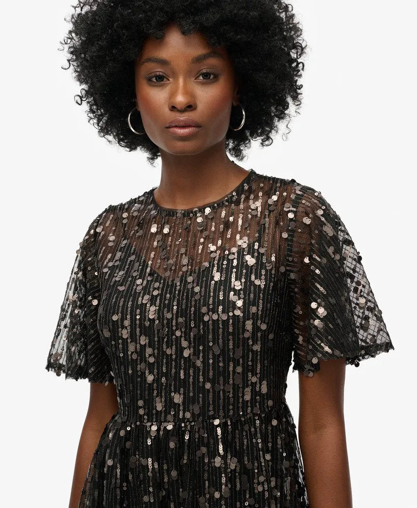 Volume Tiered Mesh Midi Dress