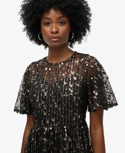 Volume Tiered Mesh Midi Dress