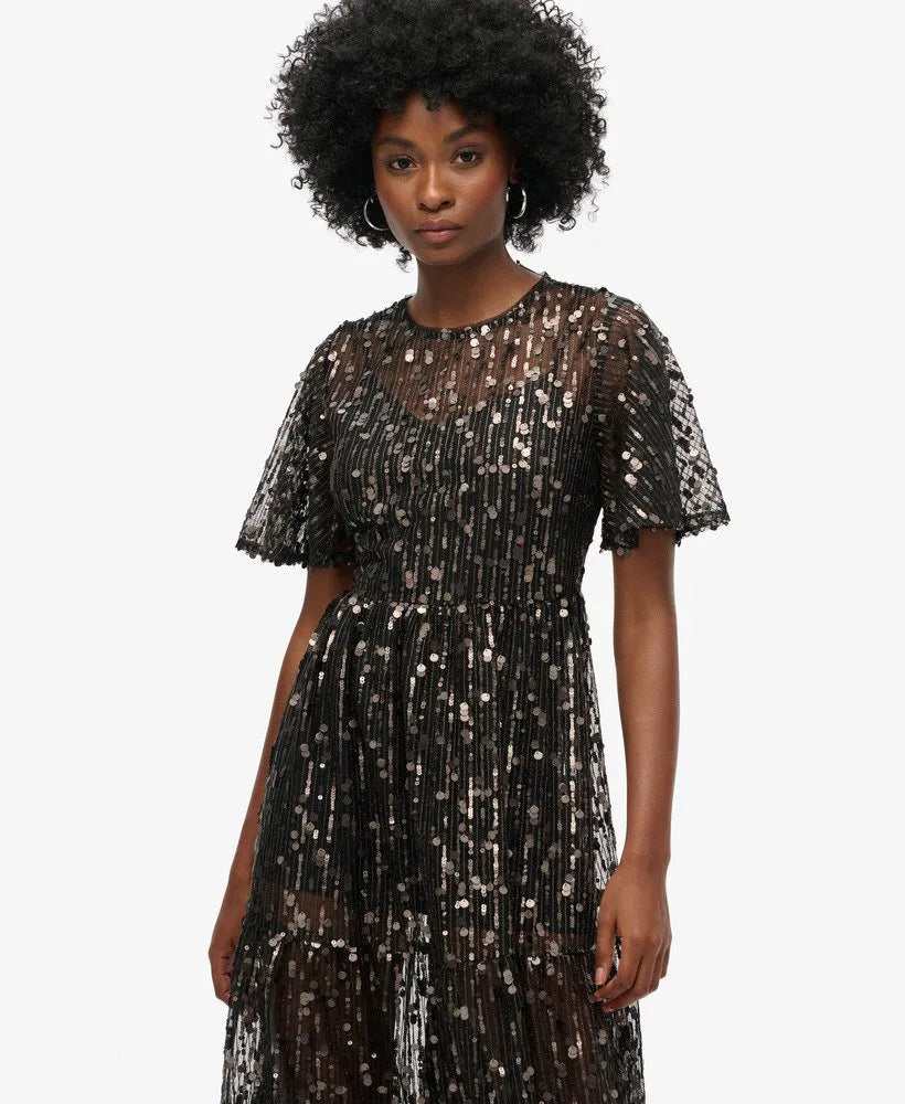 Volume Tiered Mesh Midi Dress