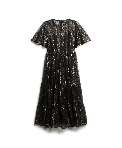 Volume Tiered Mesh Midi Dress