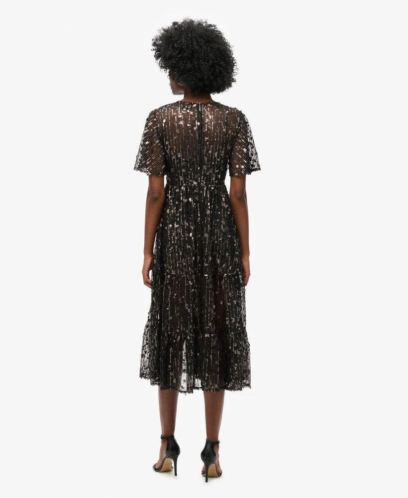 Volume Tiered Mesh Midi Dress