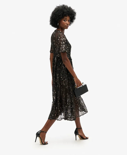 Volume Tiered Mesh Midi Dress