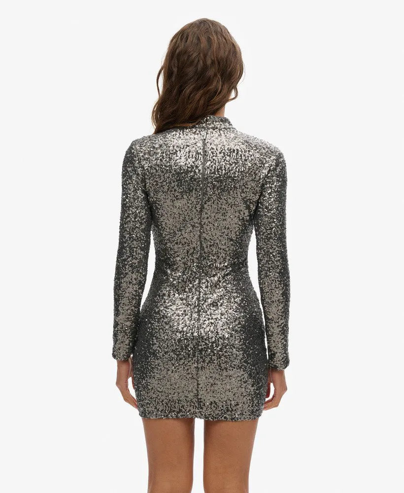 Sequinned Mock Neck Mini Dress