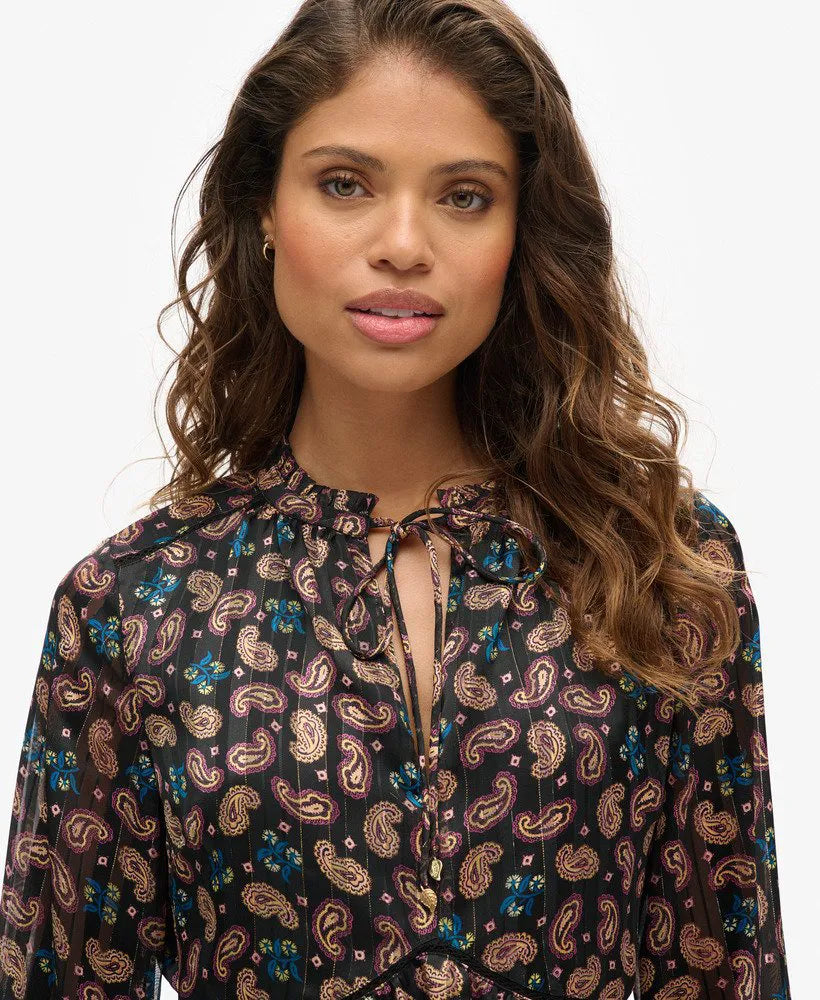 Printed Long Sleeve Metallic Mini Dress