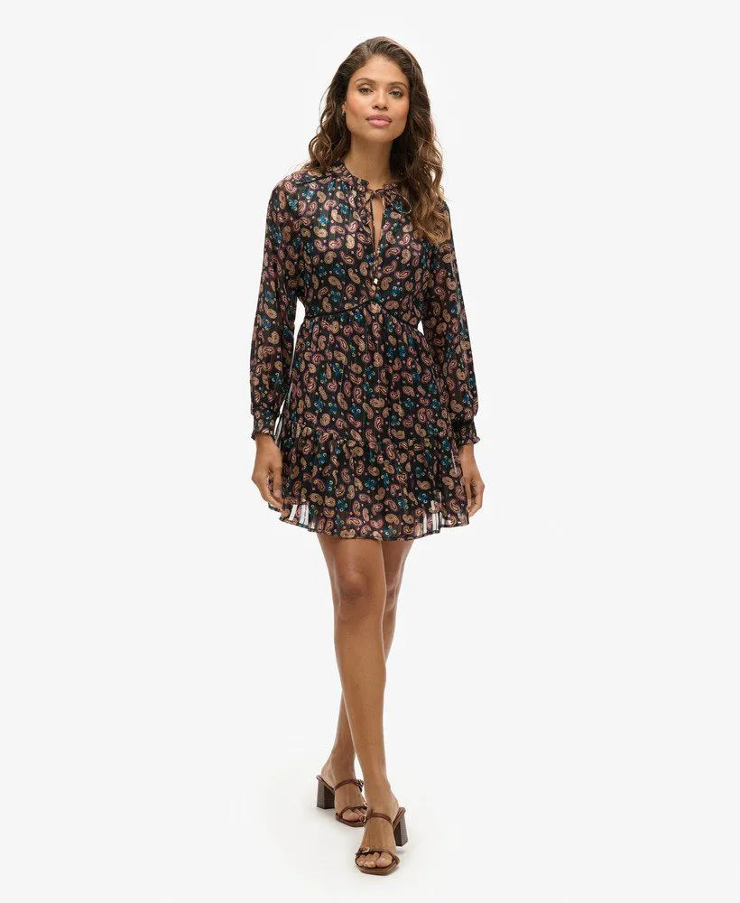 Printed Long Sleeve Metallic Mini Dress