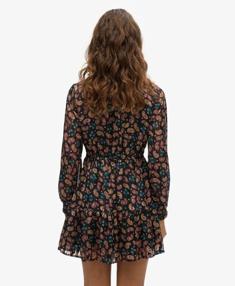 Printed Long Sleeve Metallic Mini Dress