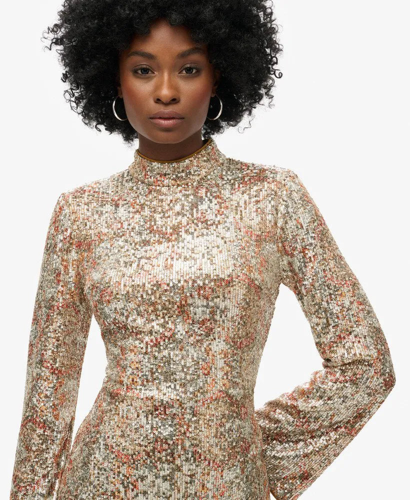 Long-Sleeved Printed Sequin Mini Dress