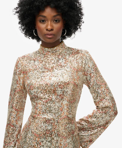 Long-Sleeved Printed Sequin Mini Dress