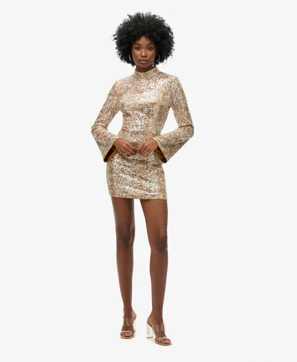 Long-Sleeved Printed Sequin Mini Dress