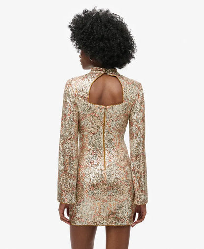 Long-Sleeved Printed Sequin Mini Dress