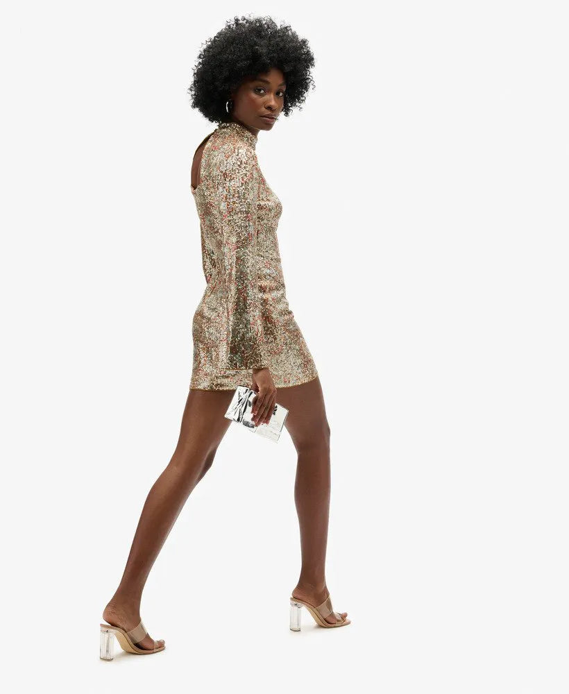 Long-Sleeved Printed Sequin Mini Dress