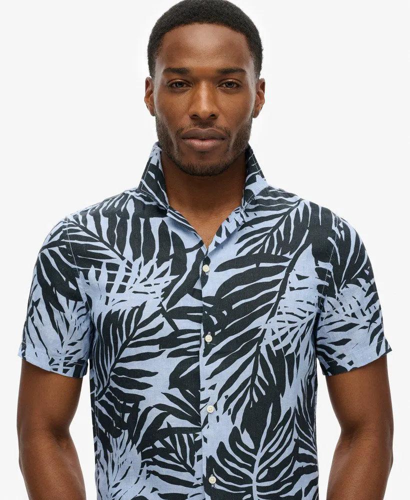 Open Collar Printed Linen Shirt