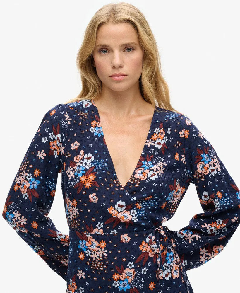 Long Sleeve V Neck Mini Wrap Dress