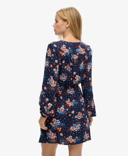 Long Sleeve V Neck Mini Wrap Dress