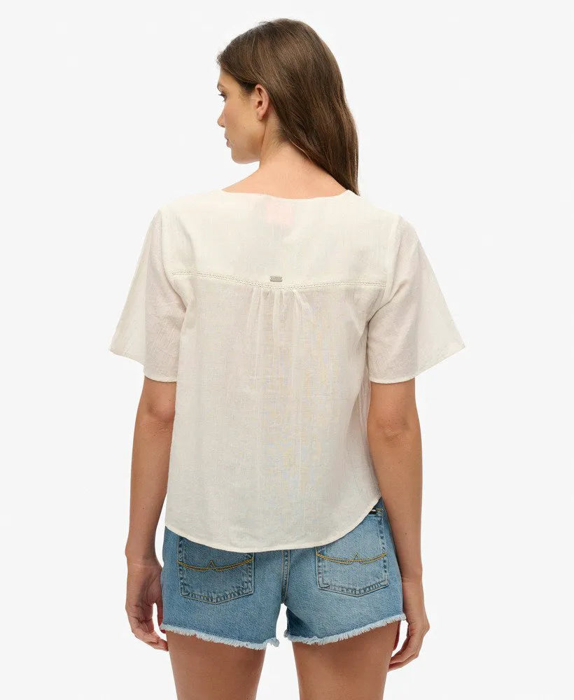Short Sleeve Embroidered Button Top