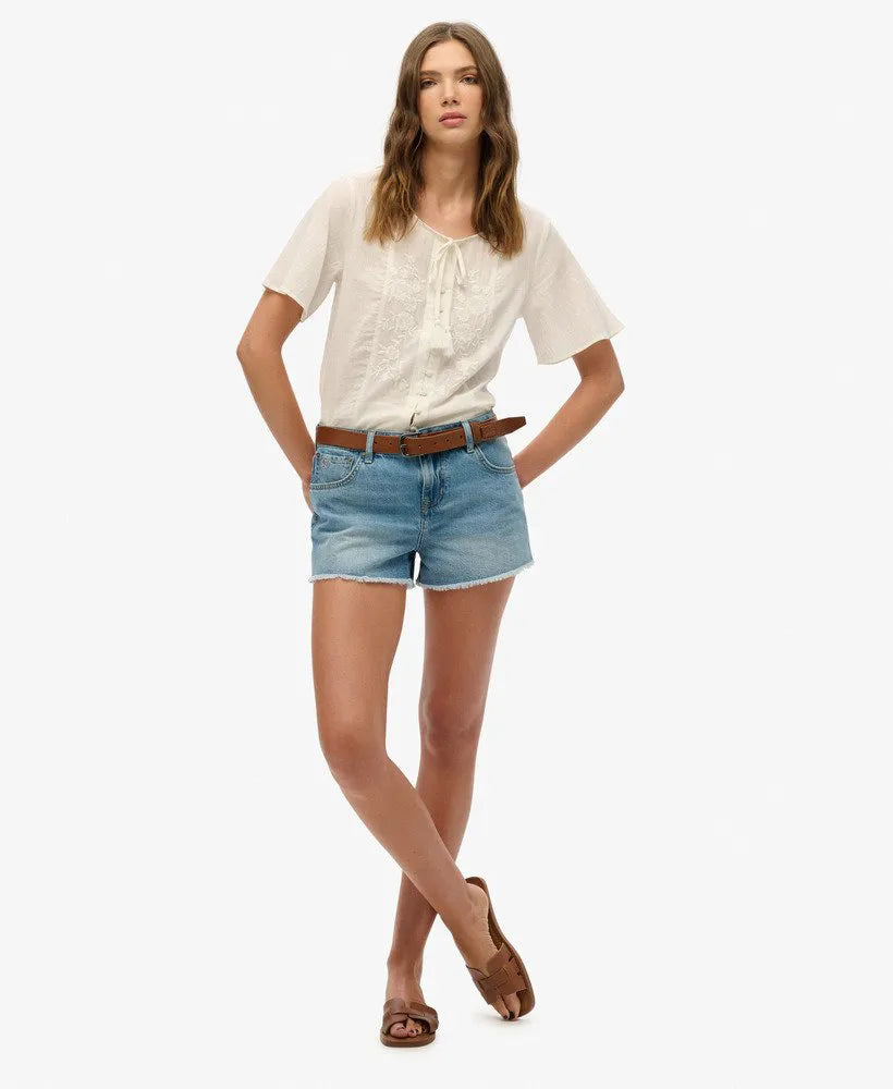 Short Sleeve Embroidered Button Top