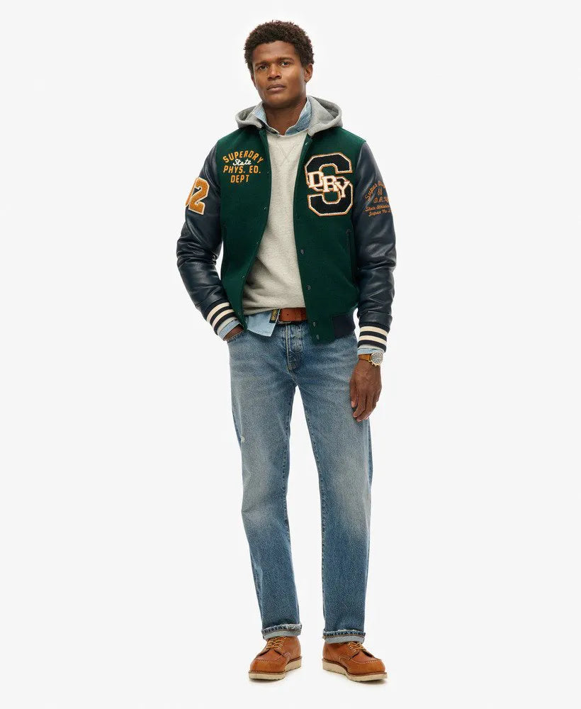 Hooded College Patched Bomber Jacket