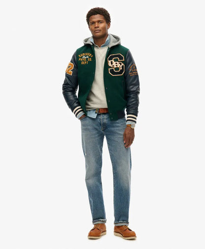 Hooded College Patched Bomber Jacket