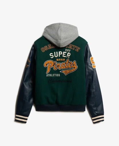 Hooded College Patched Bomber Jacket