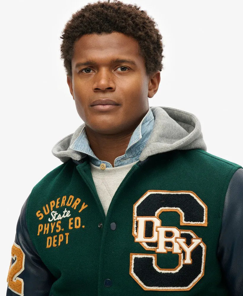 Hooded College Patched Bomber Jacket