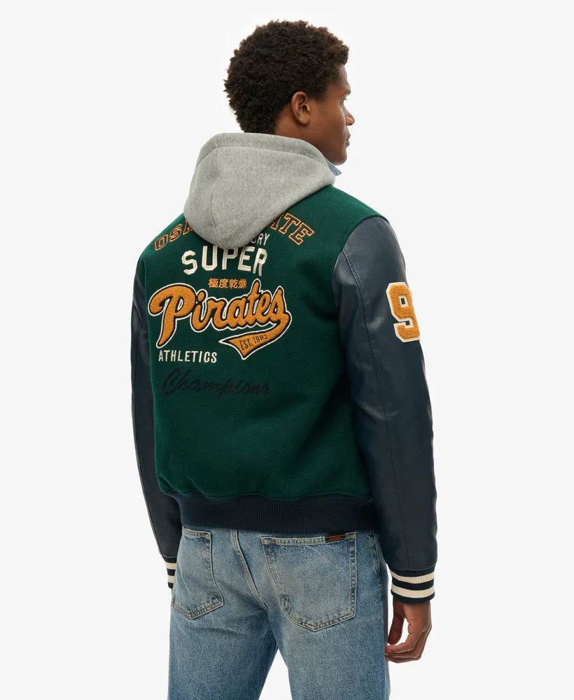 Hooded College Patched Bomber Jacket