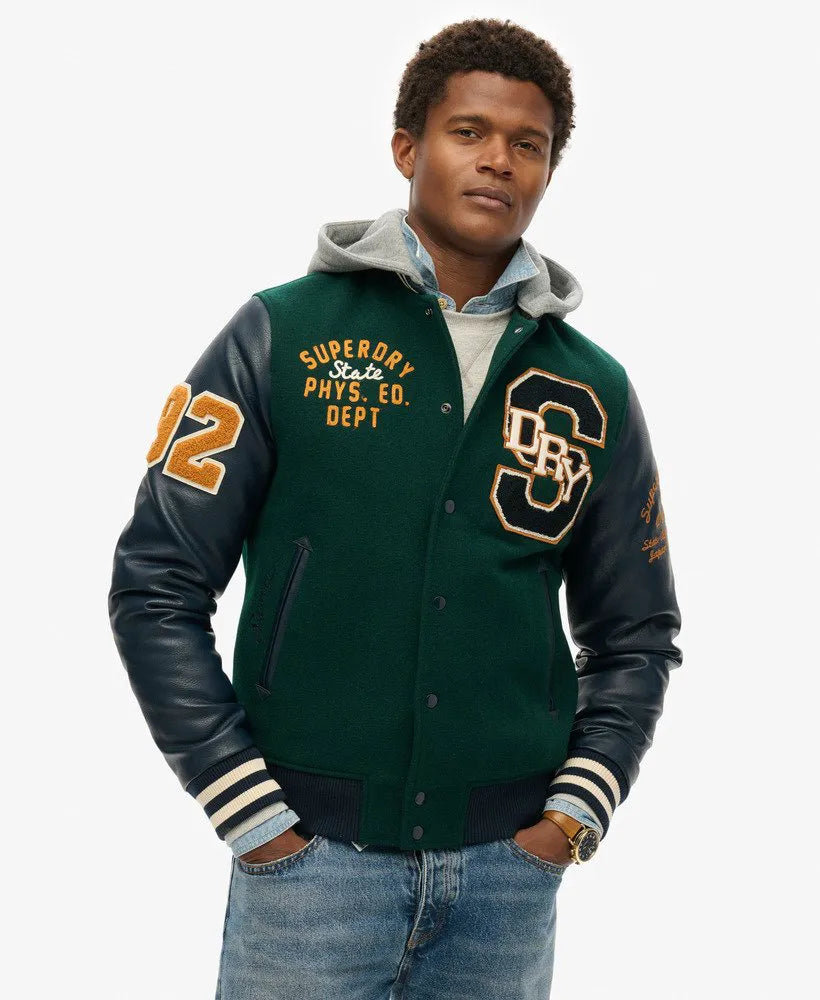 Hooded College Patched Bomber Jacket