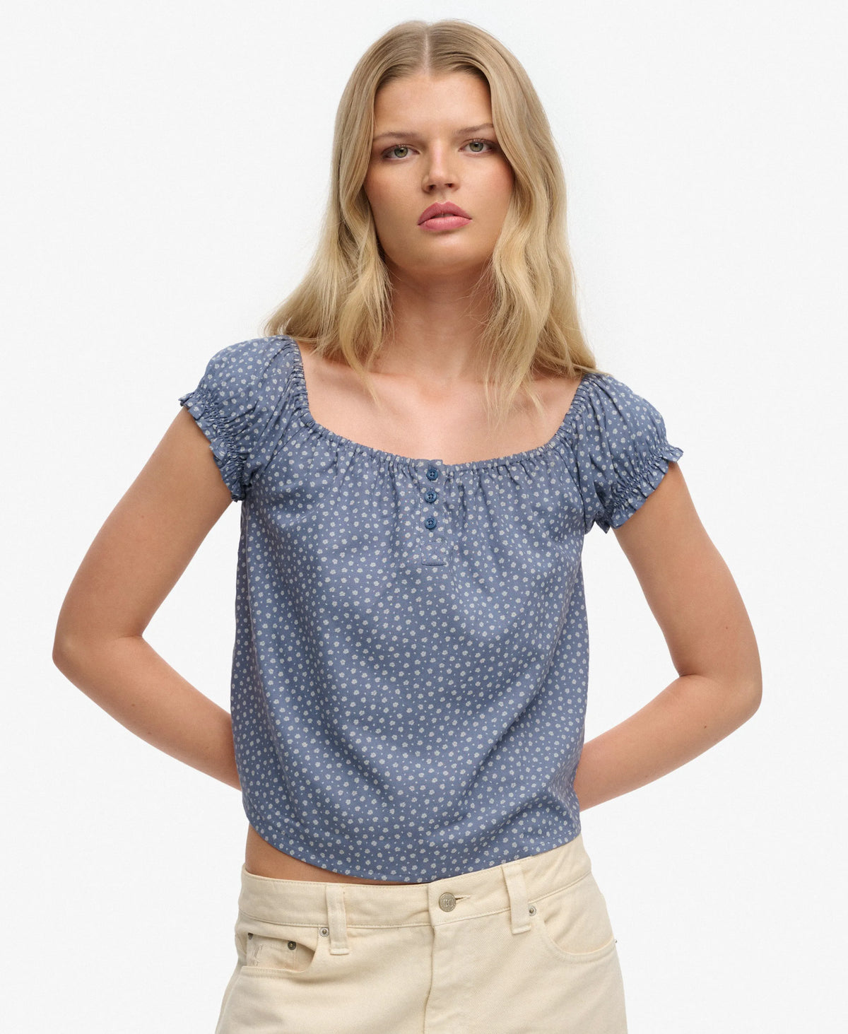 Short Sleeve Half Button Woven Top