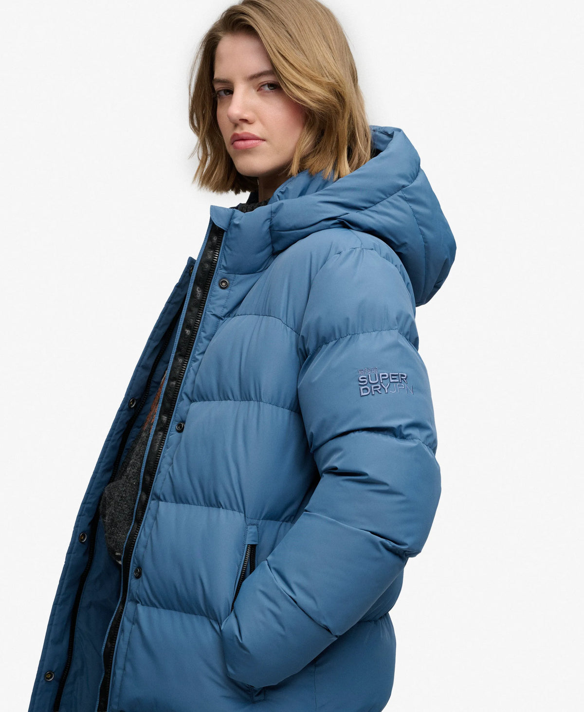 Hooded Sports Puffer Mid Length Jacket