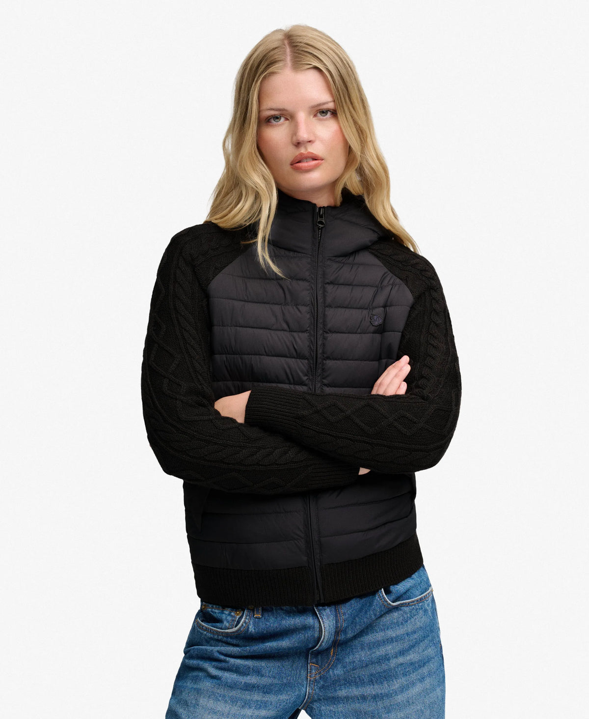 Hooded Cable Knit Hybrid Jacket