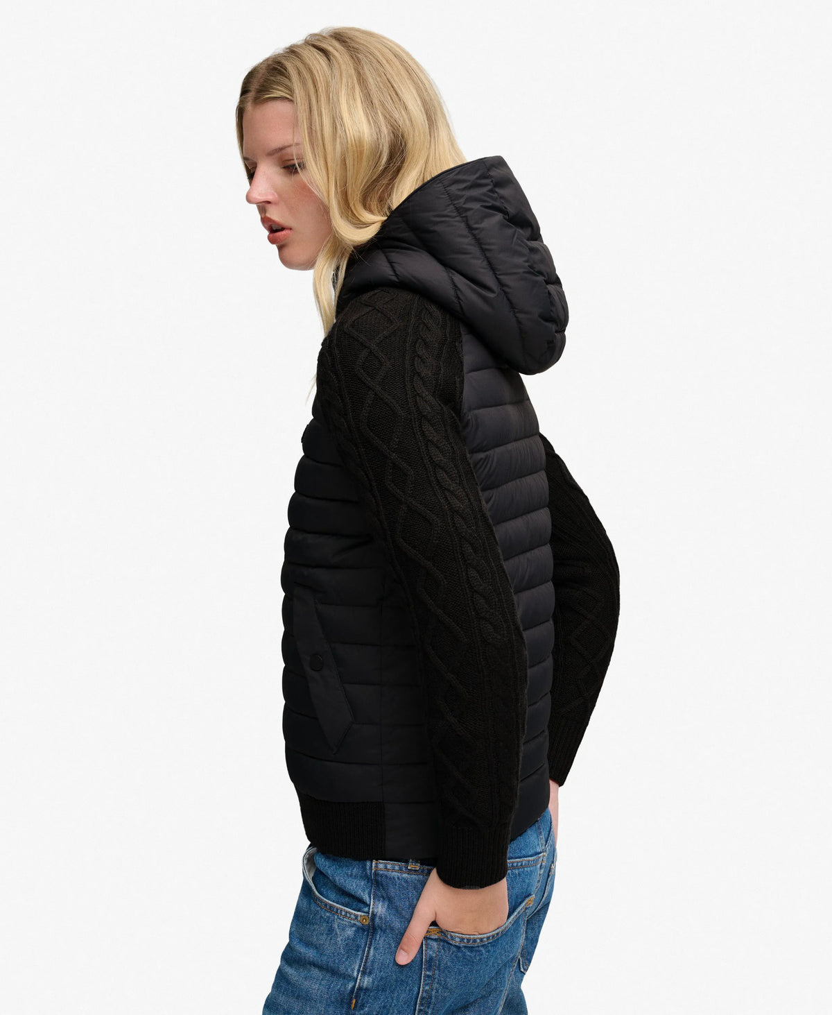Hooded Cable Knit Hybrid Jacket