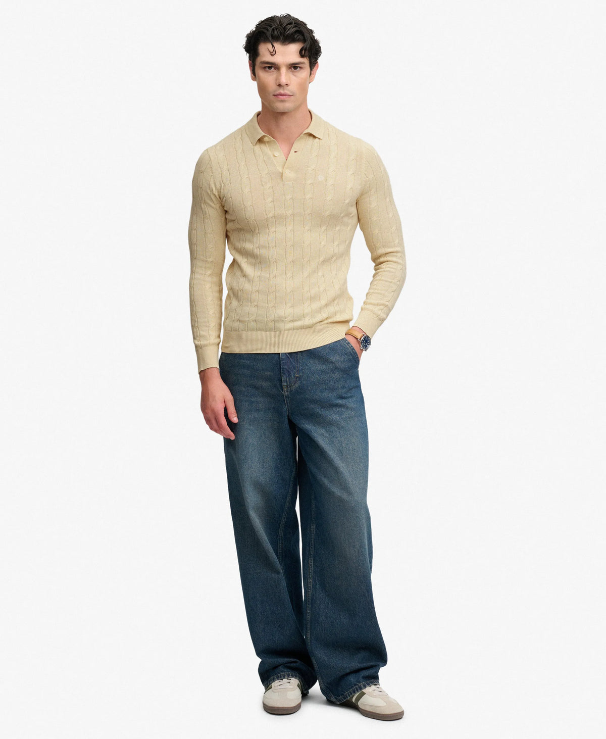 Knitted Cable Long Sleeve Polo Top
